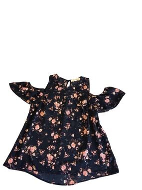 Rewind Navy Floral Cold-Shoulder Top with Pink Blooms
